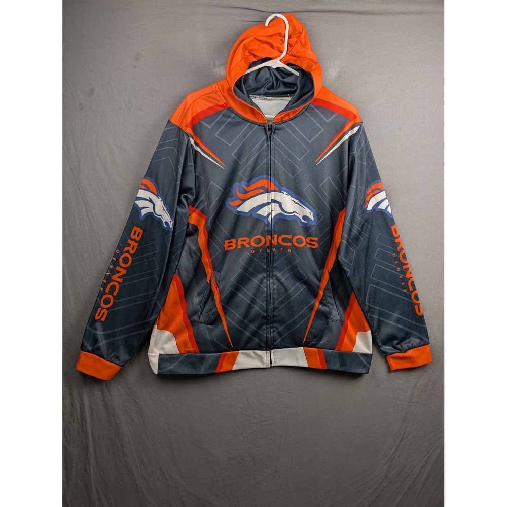 Denver Broncos NFL Mens Full Zip Hoodie Orange Navy Blue Graphic Sweatshirt